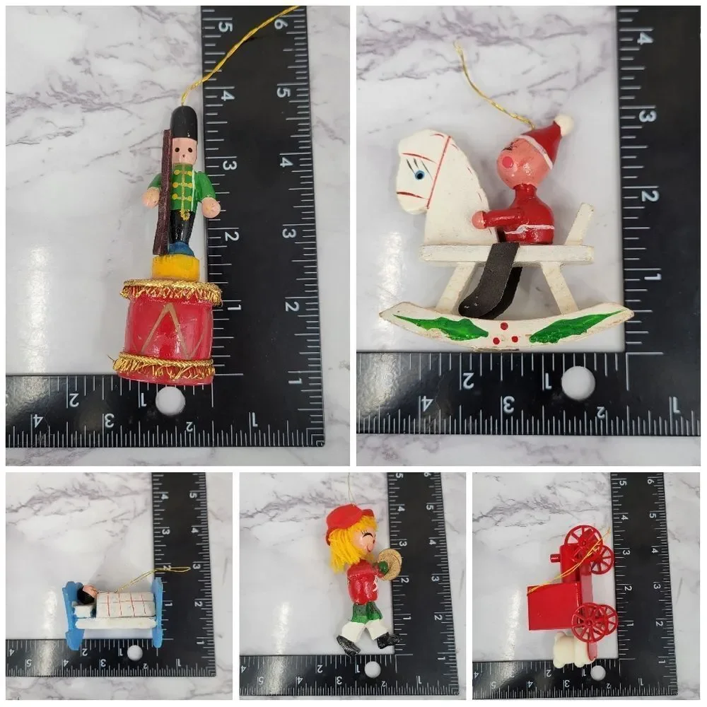 Vintage Colorful Wooden and Metal Christmas Ornaments Set